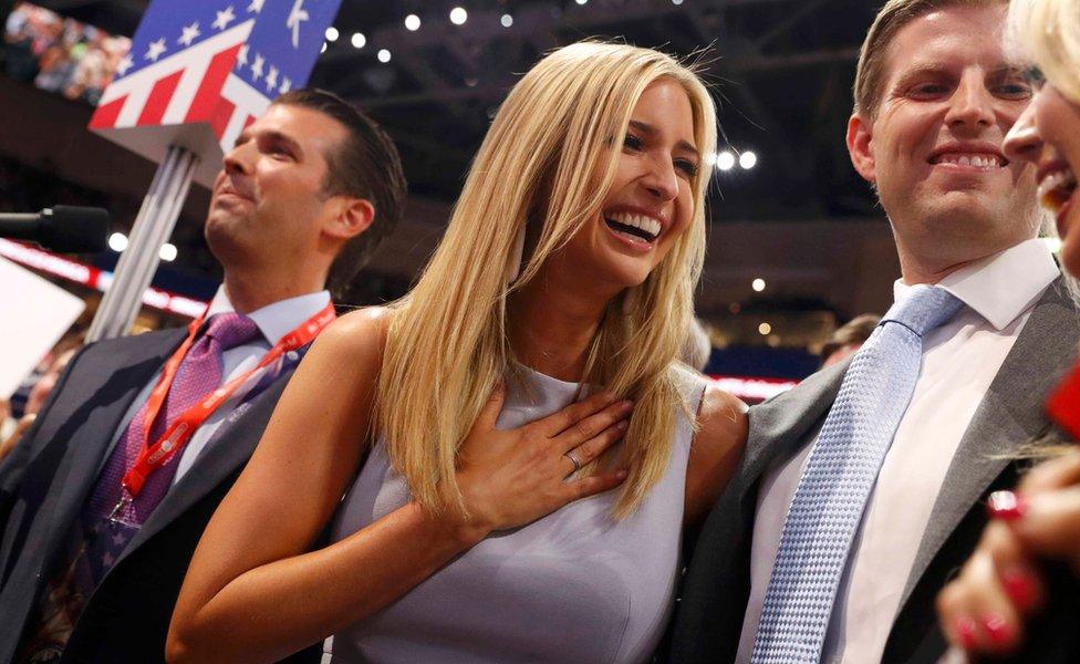 Members of Republican U.S. presidential candidate Donald Trump"s family, son Donald Trump Jr. (L), daughter Ivanka (2nd from L), son Eric (2nd from R) and daughter Tifffany celebrate after their father won the nomination at the Republican National Convention in Cleveland, Ohio, U.S. July 19, 2016.