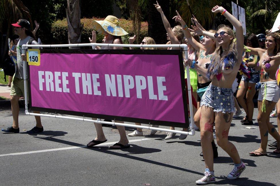 Activists in San Francisco taking part in the Free the Nipple campaign at the Pride Parade in 2016