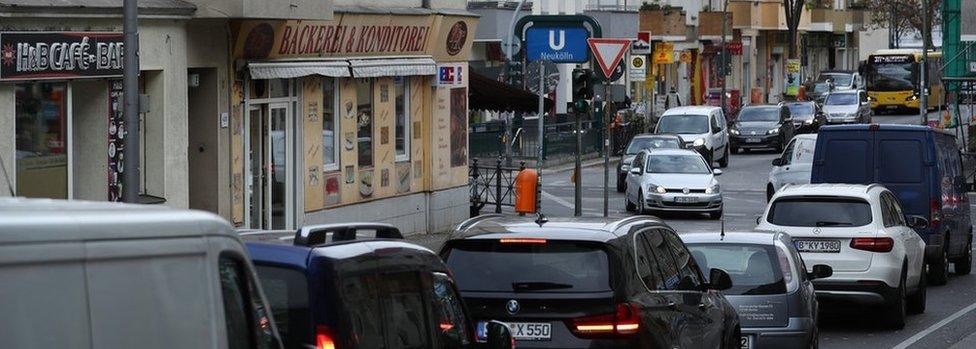 Traffic queues at an intersection on Silbersteinstrasse street in Neukoelln district on October 26, 2018 in Berlin, Germany