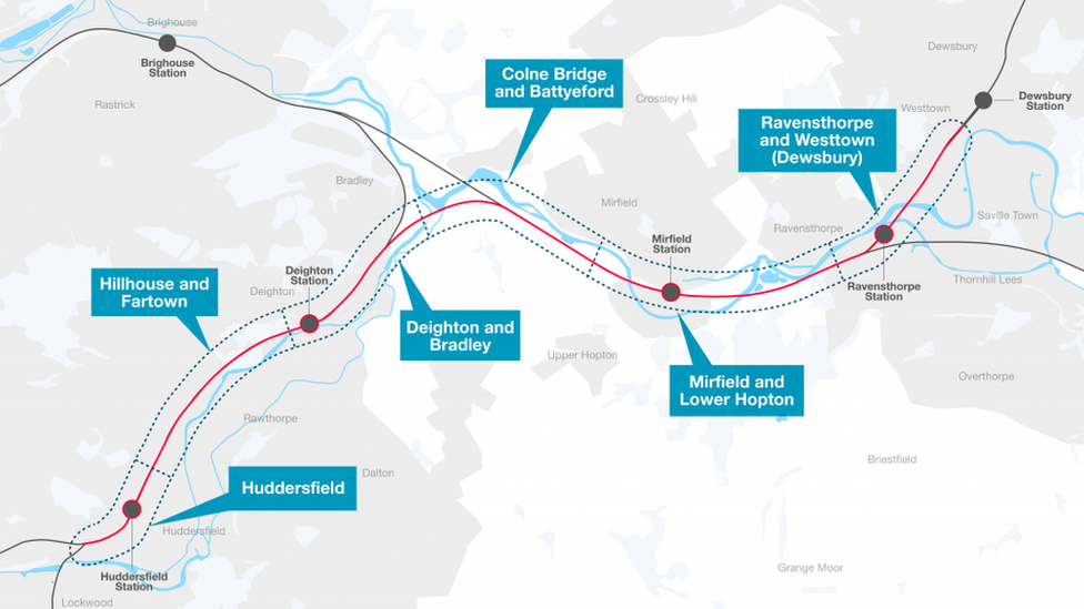 Map of the proposed upgrade between Huddersfield and Dewsbury