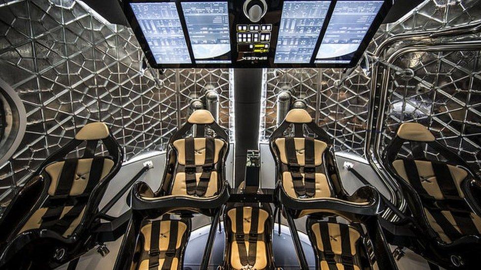 Inside the Space X Crew Dragon spacecraft.