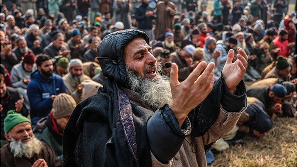 Kashmiri Muslims are offering special prayers, Salatul Istisqa', in Baramulla, Jammu and Kashmir, India, on January 17, 2024, to pray for an end to the dry spell.