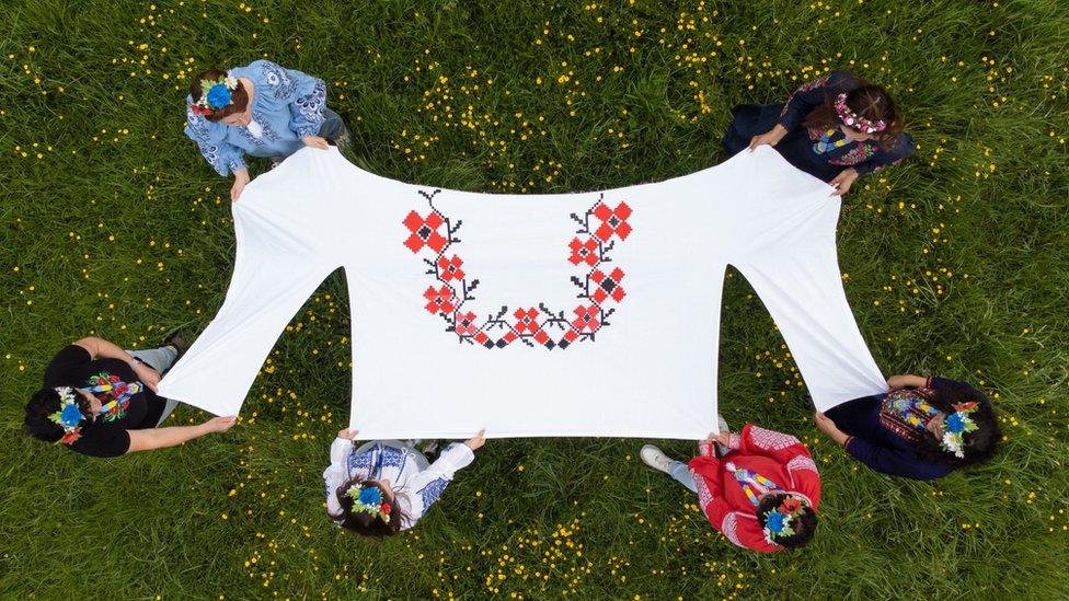 Ukrainian celebration of Vyshyvanka Day with a giant traditional shirt