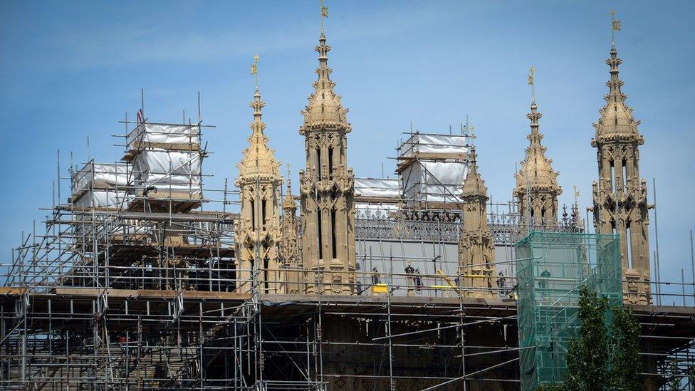 Scaffolding on the Houses of Parliament during building repairs