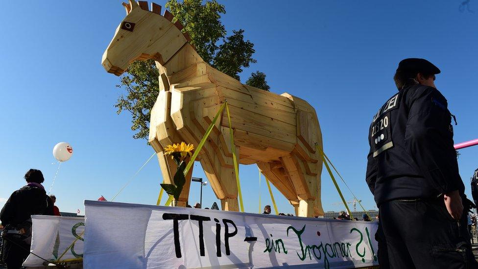 A protest rally in Berlin against a proposed EU-US trade pact