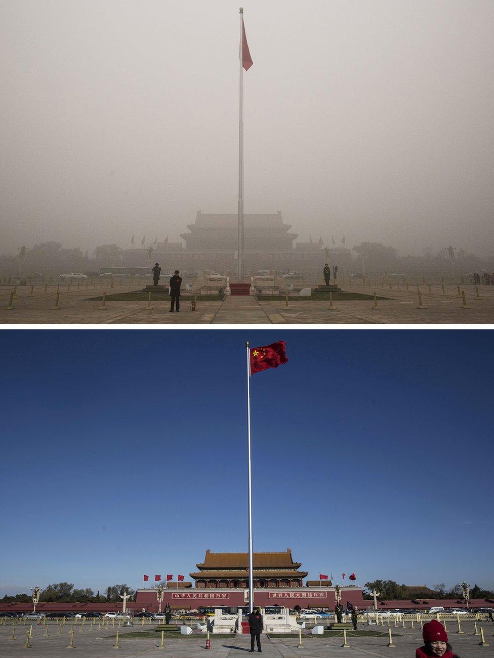 In this composite of two separate images, Tiananmen Square is seen in heavy pollution, top, on December 1 and 24 hours later under a clear sky on December 2, 2015 in Beijing, China.