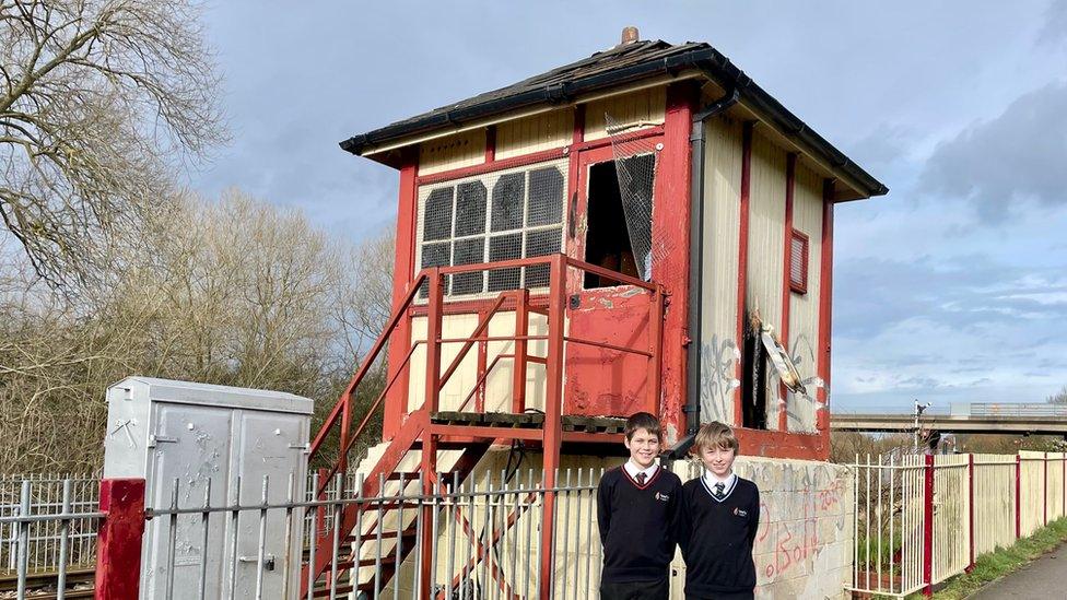 Harry (left) and Oliver at the Orton Mere signal box