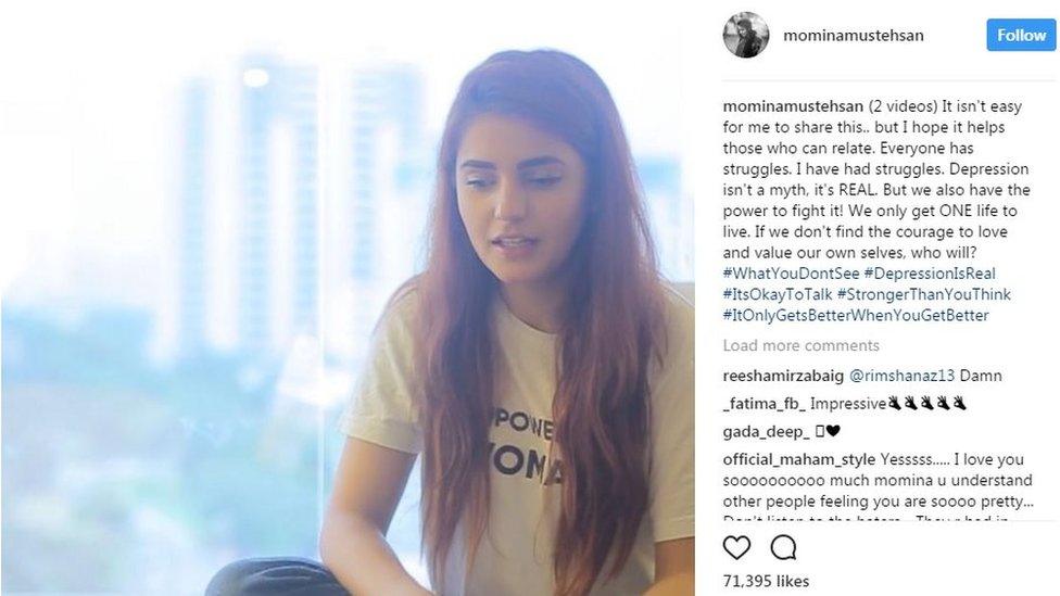 A screenshot from Momina Mustehsan's Instagram, featuring a video where she talks about depression. Text says: "Everyone has struggles. I have had struggles. Depression isn't a myth, it's real."