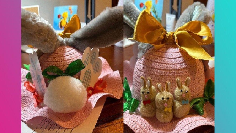 Front and back view of bonnet with rabbits.