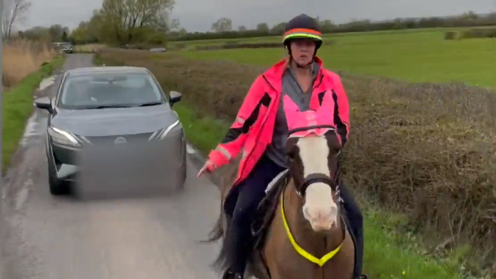 Jasmine Robinson's mother on horse with car behind