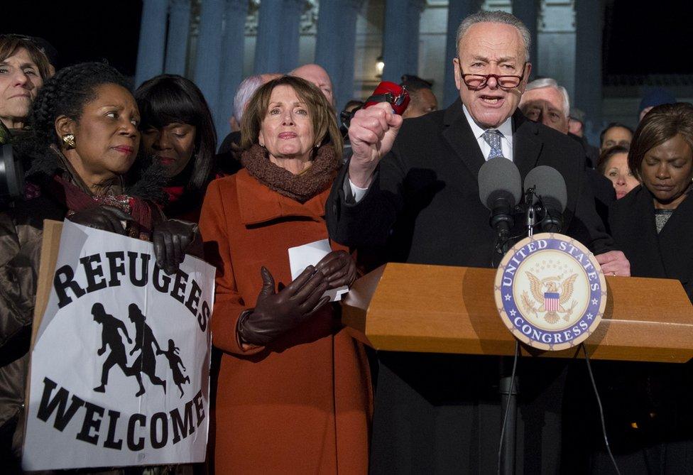 US Senate Minority Leader Chuck Schumer protests against President Donald Trump's US entry ban on 30 January 2017