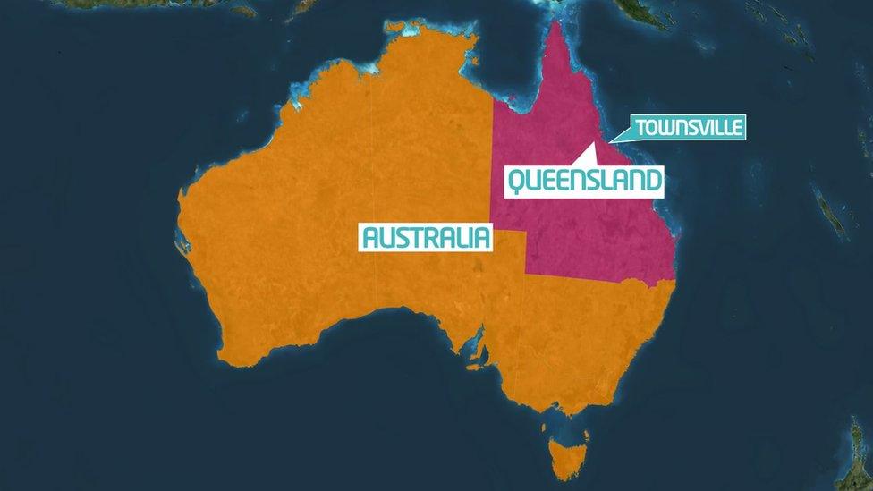 Map of Australia highlighting the city of Townsville in Queensland state