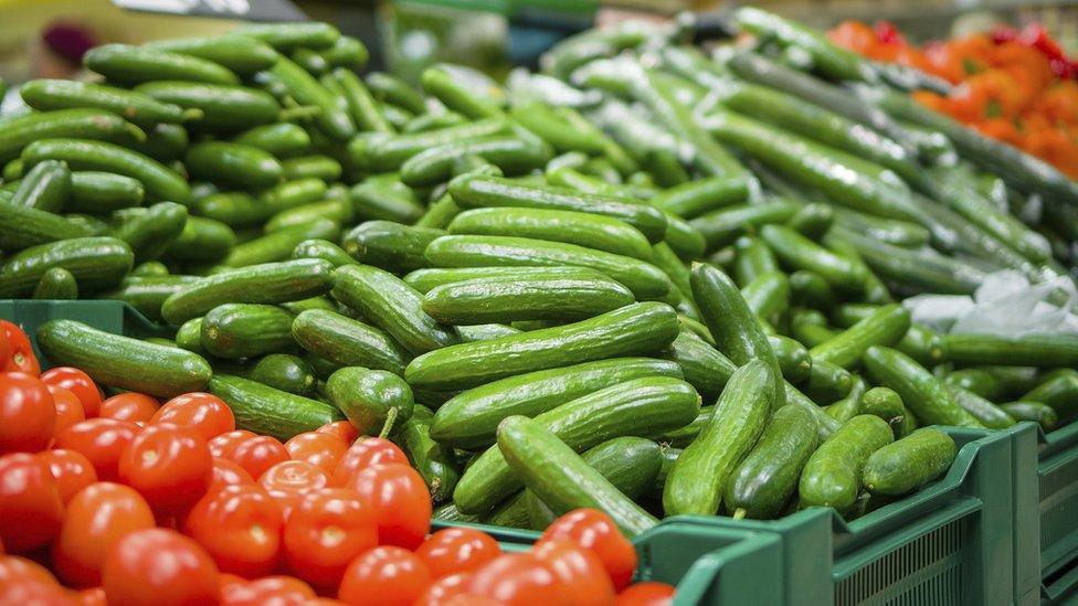 A mound of cucumbers in a supermarket