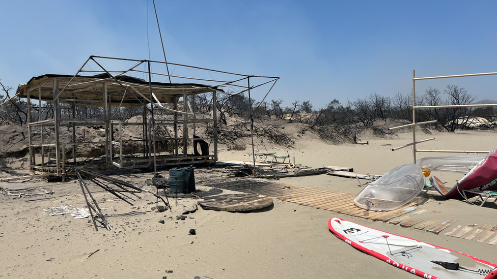 Burnt out building on a beach