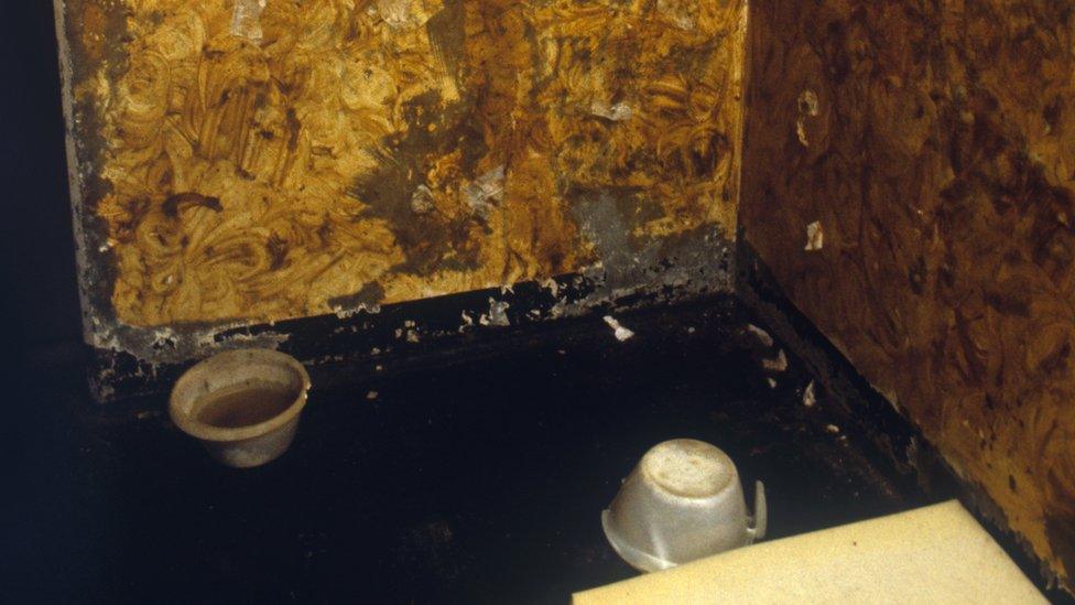 The walls of a cell at the Maze Prison, near Belfast, deliberately covered by the inmate with human excreta.