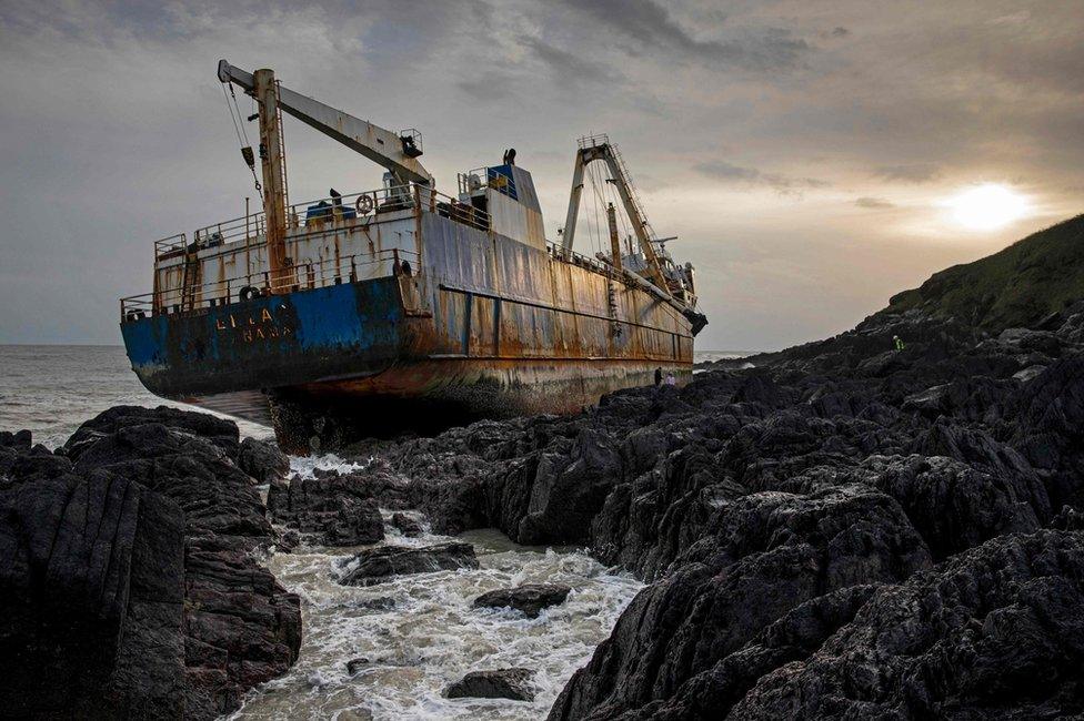 A view of the abandoned ghost ship Alta stuck on the rocks of the Irish coast