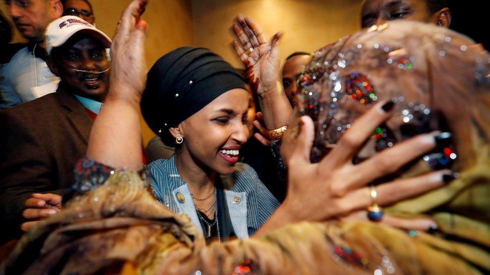 US Democratic congressional candidate Ilhan Omar is greeted by her husband's mother after appearing at her midterm election night party in Minneapolis, Minnesota, US - 6 November 2018