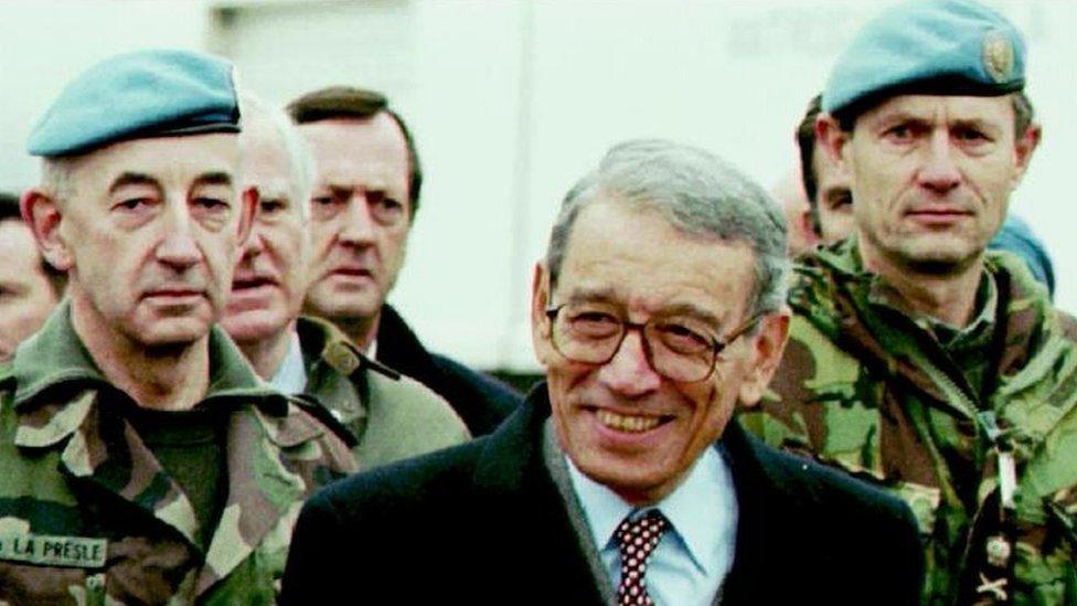 Boutros Boutros-Ghali with UN troops in Bosnia