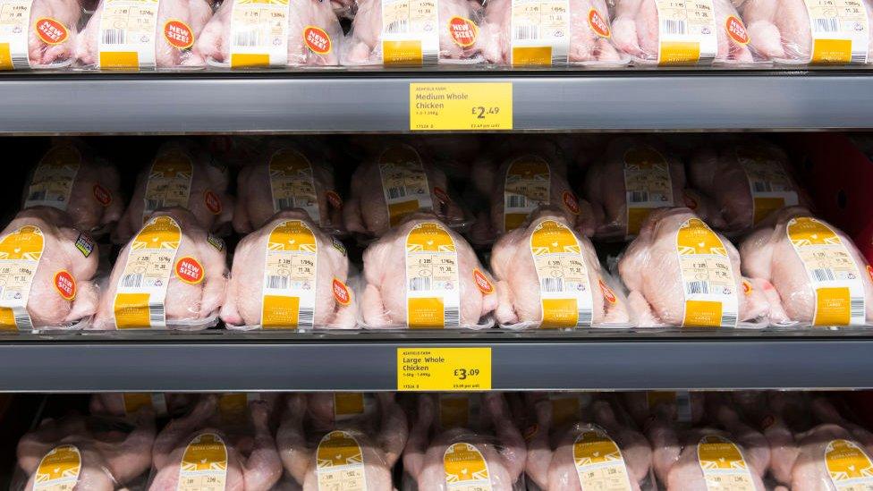 Chickens on a supermarket shelf in Cardiff