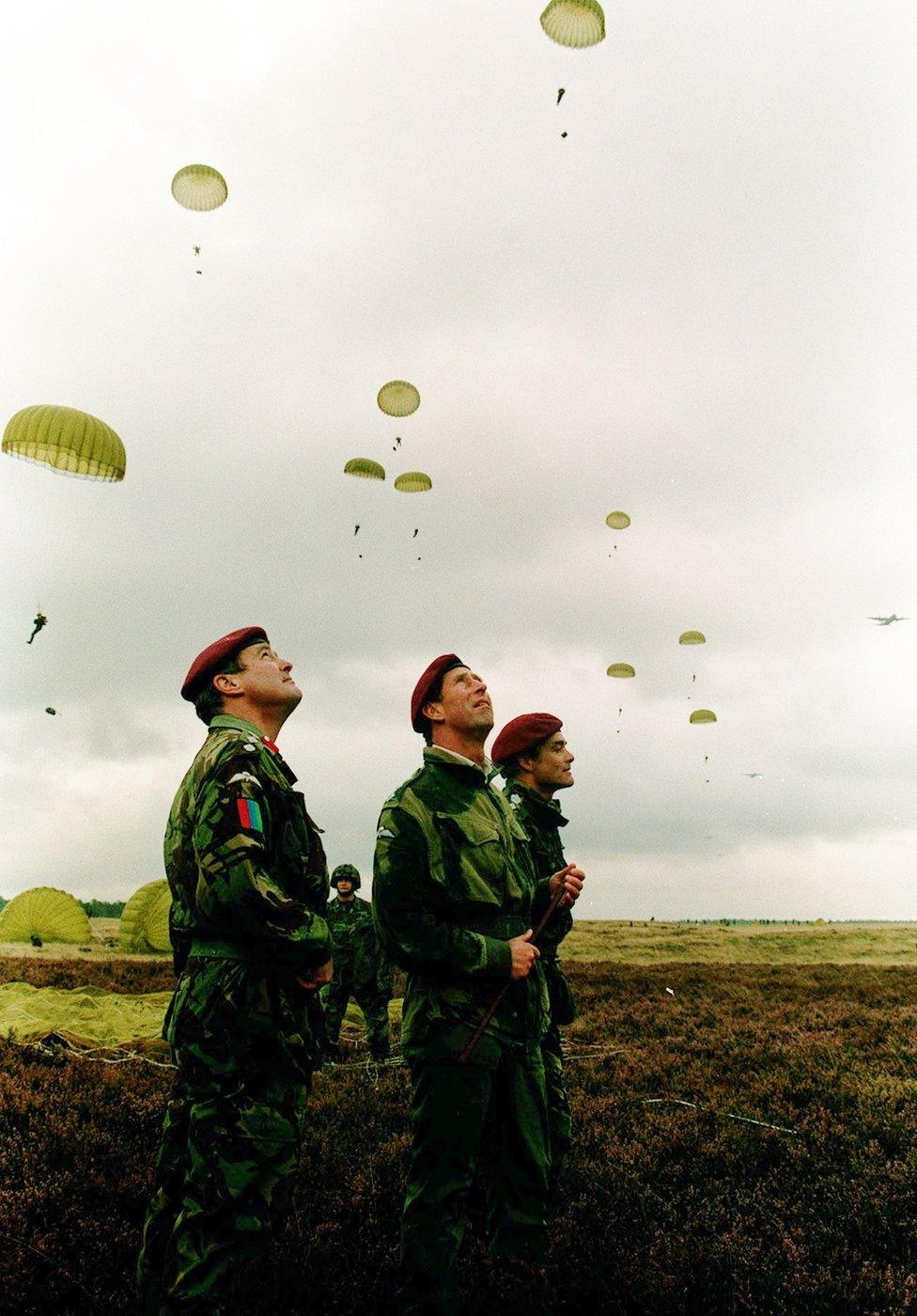 Prince of Wales watching as British paratroopers fall during the drop on Ginkel Heath