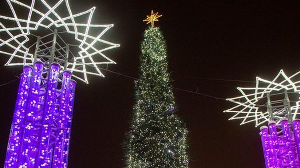 The Christmas tree is tall and thin. It is cone-shaped with few branches visible.