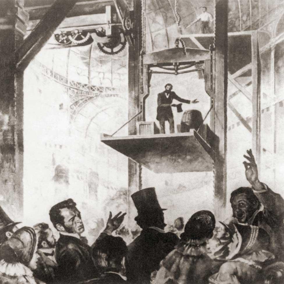 Elisha Graves Otis demonstrating his patent safety lift at the 1854 New York World's Fair