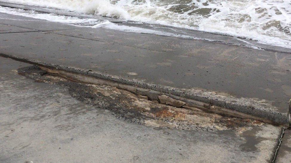 Damage to flood defences in Blackpool