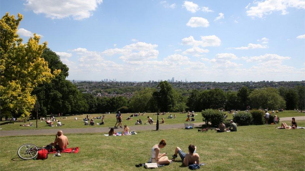 People sunbathing in Alexandra Palace park