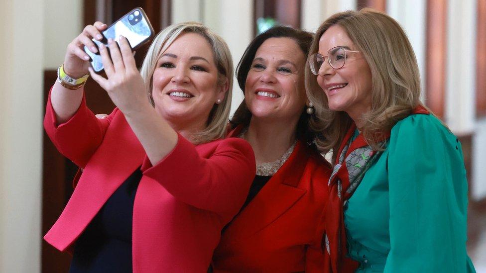 Michelle O'Neill taking a selfie with President Mary Lou McDonald and Tina Black