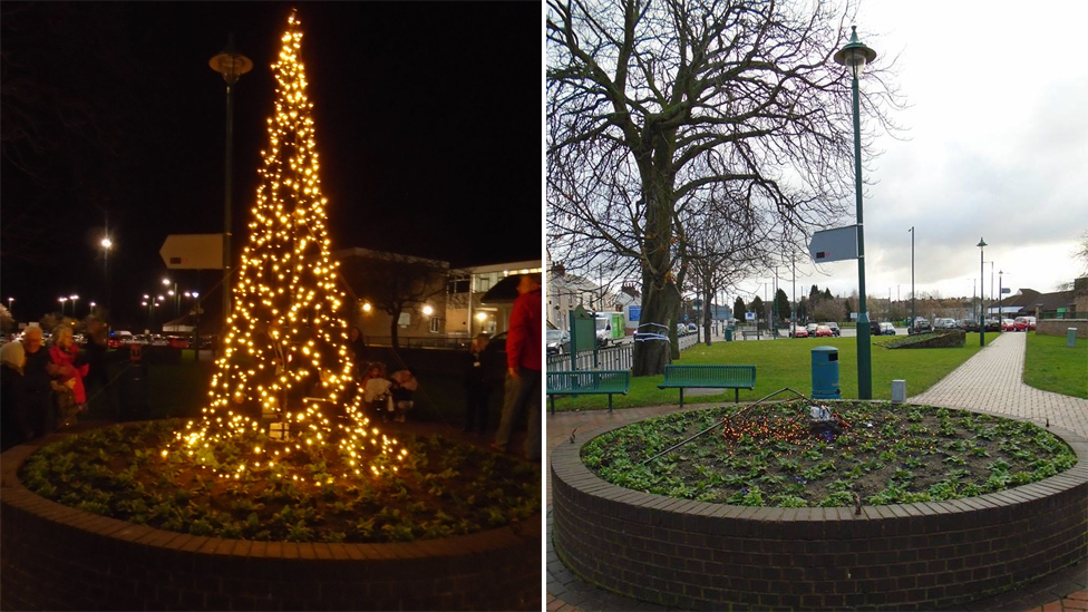 Connah's Quay's tree before and after it was attacked by vandals