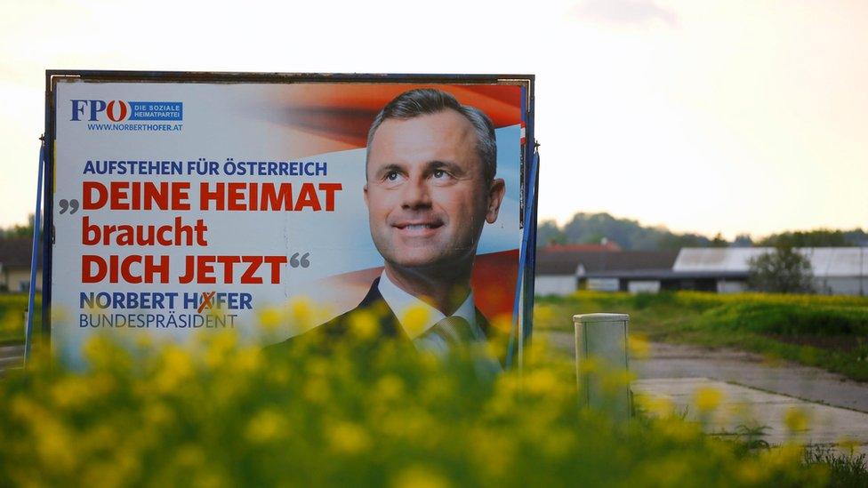 A election campaign poster of far right Freedom Party presidential candidate Norbert Hofer is seen near Nickelsdorf, Austria (3 May 2016)