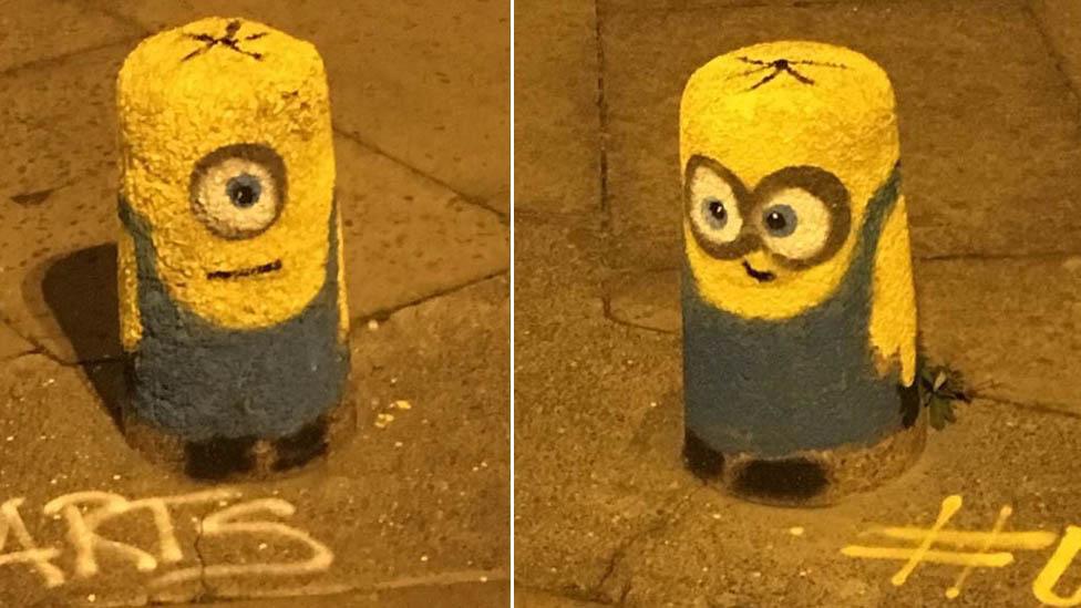 Minions painted on bollards