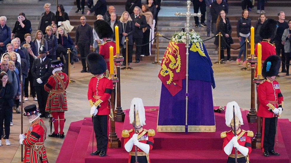 The Queen's coffin lying in state at Westminster Hall