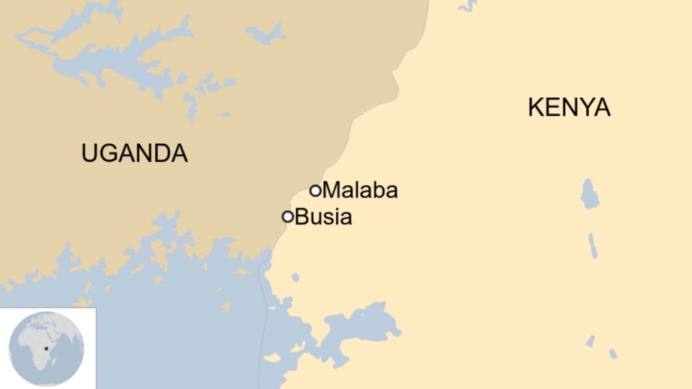 A map of Kenya and Uganda showing the towns of Malaba and Busia.