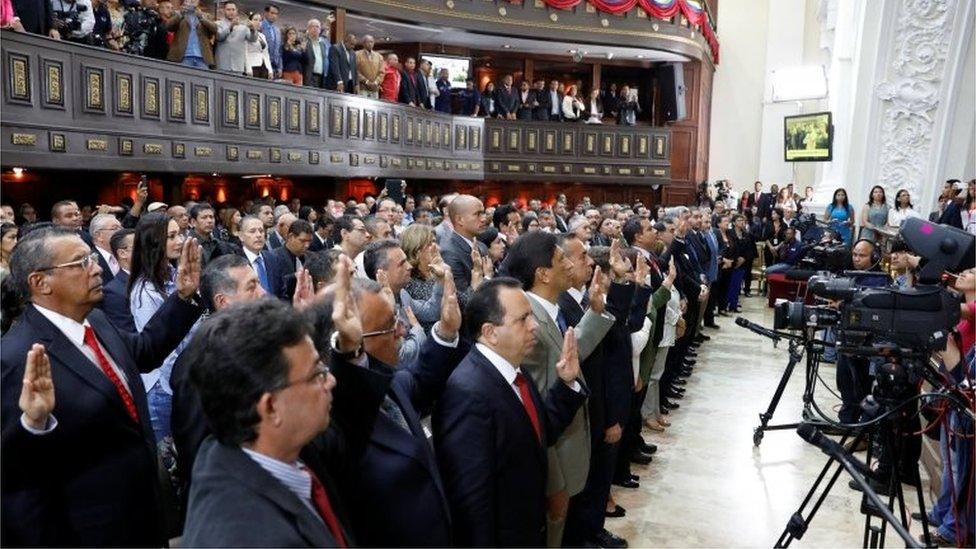 Newly elected governors of the National Constituent Assembly are seen during the swearing in ceremony at the Palacio Federal Legislativo, in Caracas, Venezuela October 18, 2017