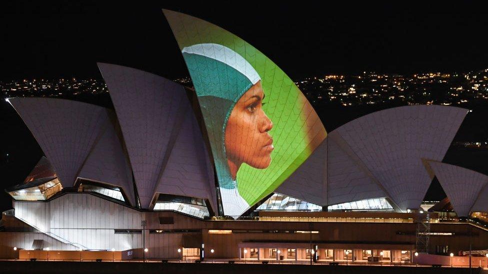 Images of Cathy Freeman lit up the Sydney Opera House during a 2020 light show