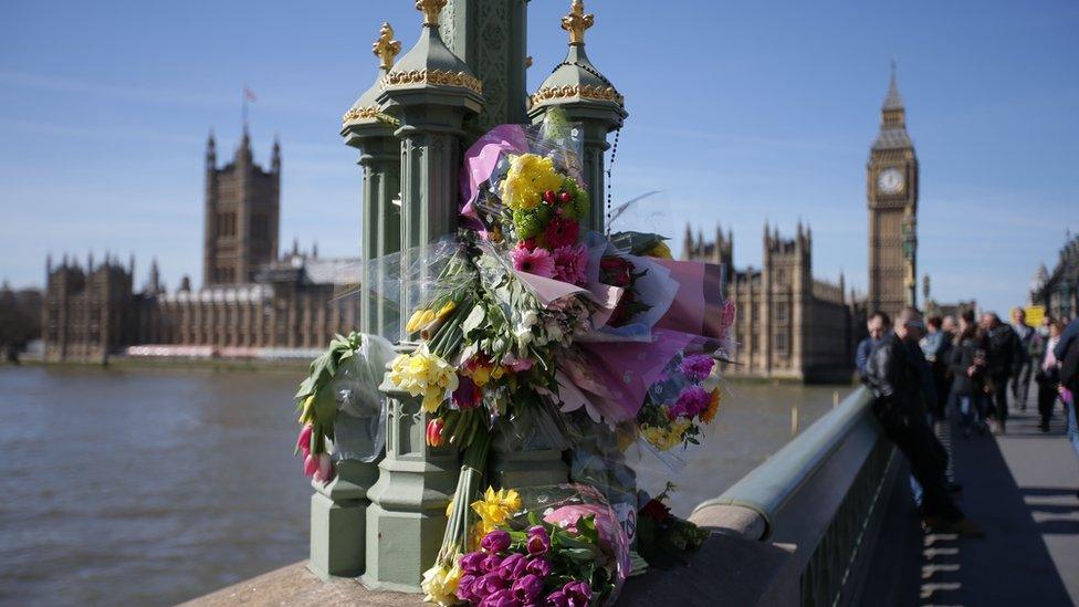 Floral tributes on Westminster Bridge