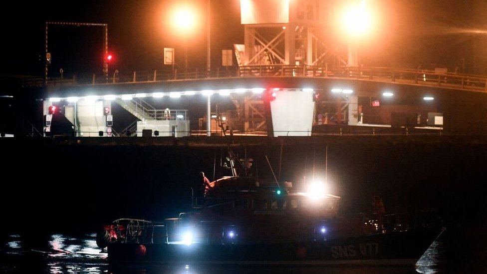 A French volunteer sea rescue organisation boat carrying bodies of migrants arriving at Calais harbour