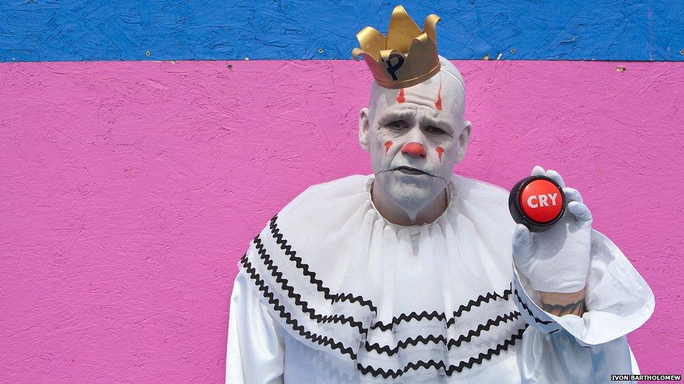 Puddles Pity Party has built up more than 100k fans worldwide on Facebook and over 20 million views on YouTube. Currently on a world tour, acclaimed baritone Michael Geier roamed Edinburgh as Puddles the Clown, without uttering a single word and sang his sad anthems to enthralled audiences at his comedy cabaret show at the Assembly venue in George Square Gardens.