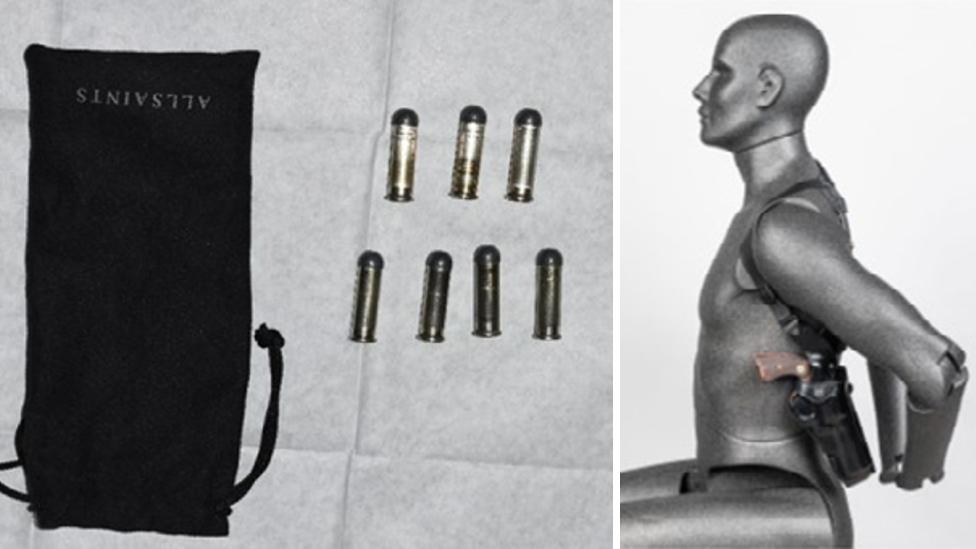 Image showing seven bullets and a computer graphic of how Mr De Zoysa may have had the gun