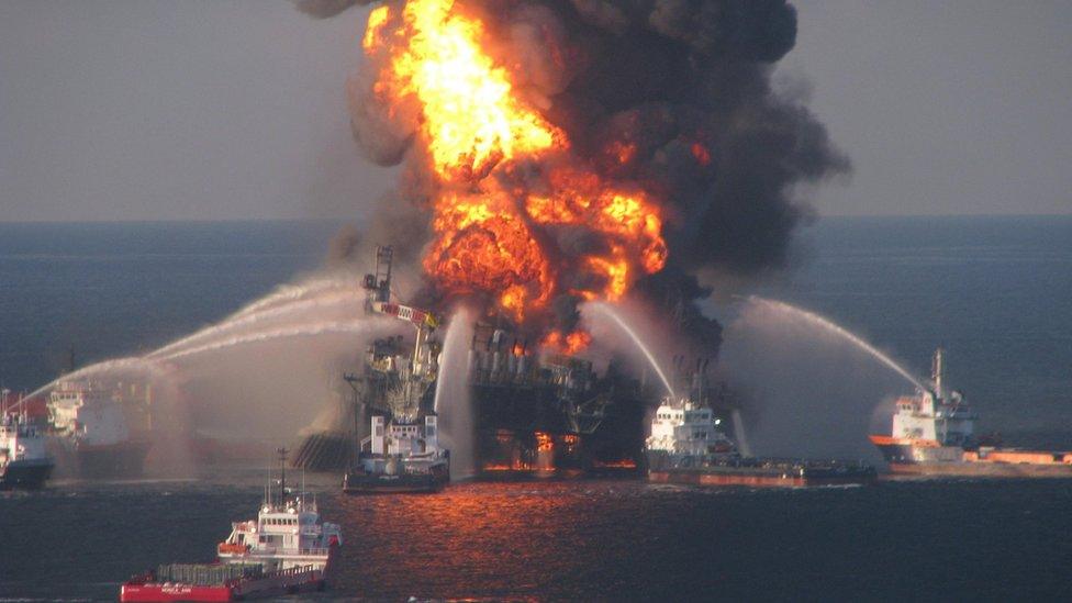 Response crews battle the blazing remnants of the offshore oil rig Deepwater Horizon on 21 April 2010