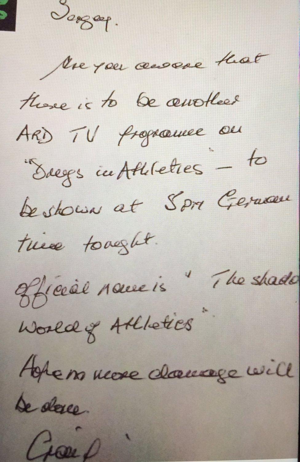 Craig Reedie's hand-written note to Sergey Bubka