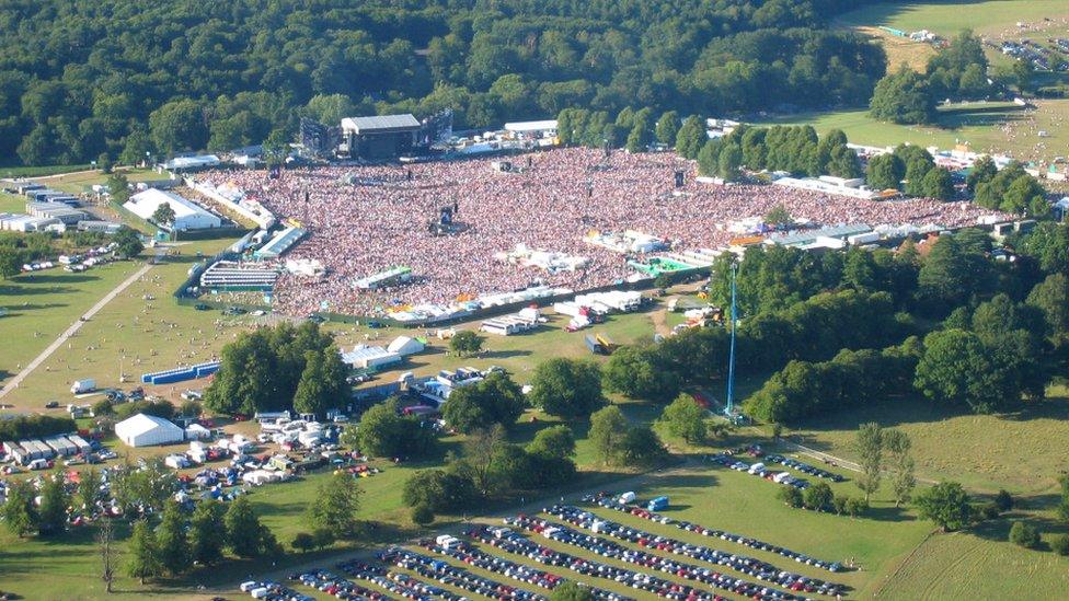 An aerial shot shows the size of the crowd at Knebworth Park.