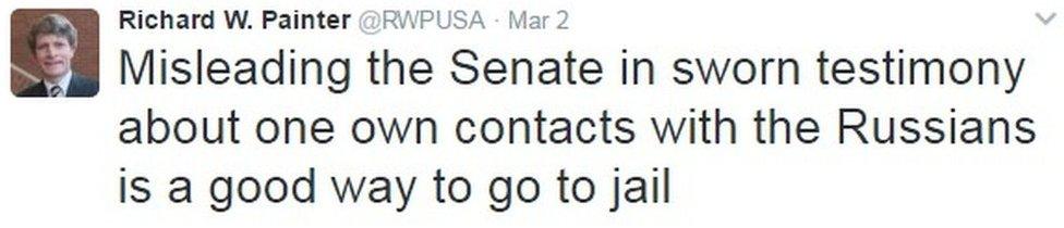 "Misleading the Senate in sworn testimony about one own contacts with the Russians is a good way to go to jail"