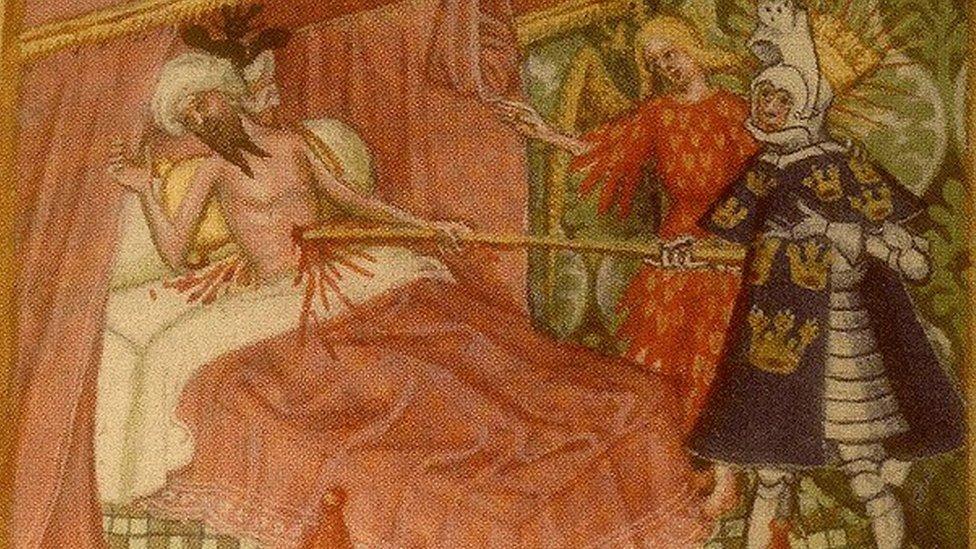 Depiction of Sweyn Forkbeard being killed with a spear