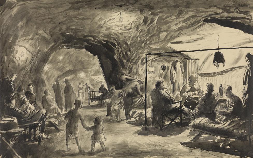 Residents brought in furniture to make the caves more homely. Painting by Henry Carr who visited Chislehurst in 1941