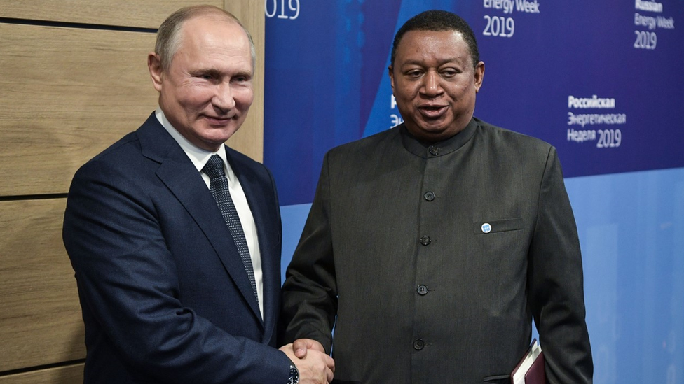 Russia's President Vladimir Putin and Opec secretary general Mohammad Barkindo shaking hands.