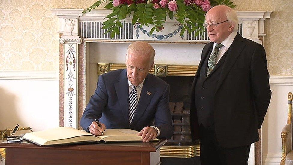 Mr Biden met Irish President Michael D Higgins at his official residence, Áras an Uachtaráin (the president's house) and signed the visitors' book