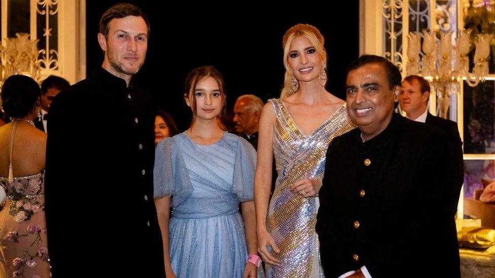 Mukesh Ambani, the Chairman of Reliance Industries, is seen with Ivanka Trump, her husband, Jared Kushner and their daughter Arabella during pre-wedding celebrations of Ambani's son Anant Ambani and Radhika Merchant, daughter of industrialist Viren Merchant, in Jamnagar, Gujarat, India, March 1, 2024.