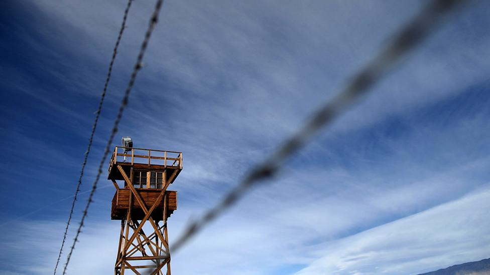 A replica of a guard tower at Manzanar National Historic Site, one of 10 internment camps where Japanese American citizens were incarcerated during World War Two